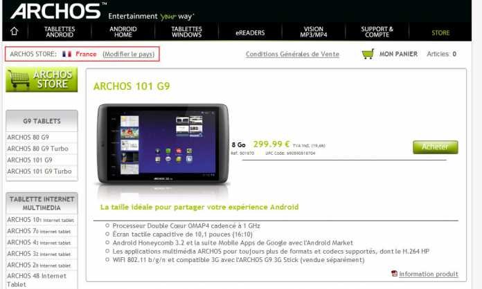 Achetez la tablette Archos 101 G9 sur le store Archos au prix de 299,99€ 