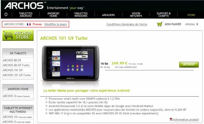 Archos 101 G9 Turbo disponible à l'achat sur la store Archos 1