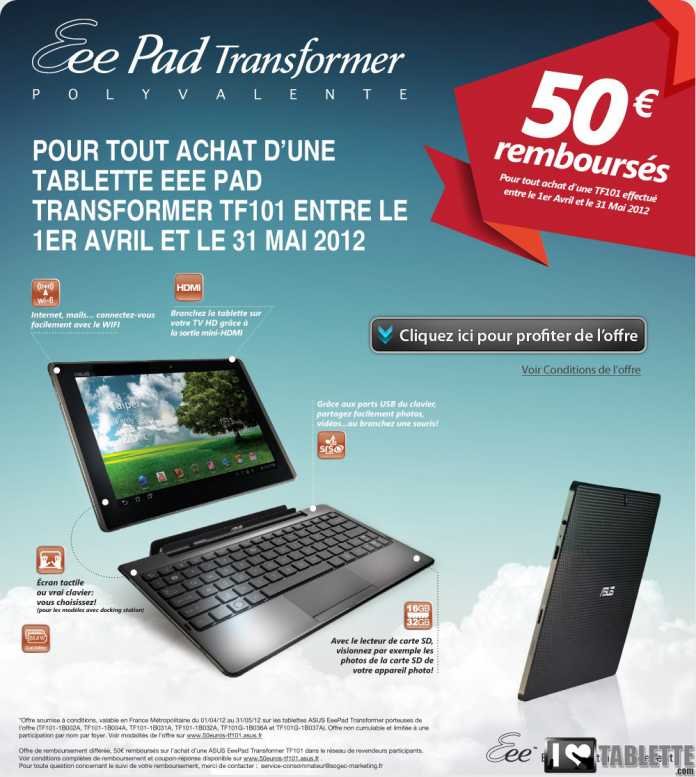 Promo Tablette : 50€ remboursés pour l'achat d'une tablette Asus Transformer 